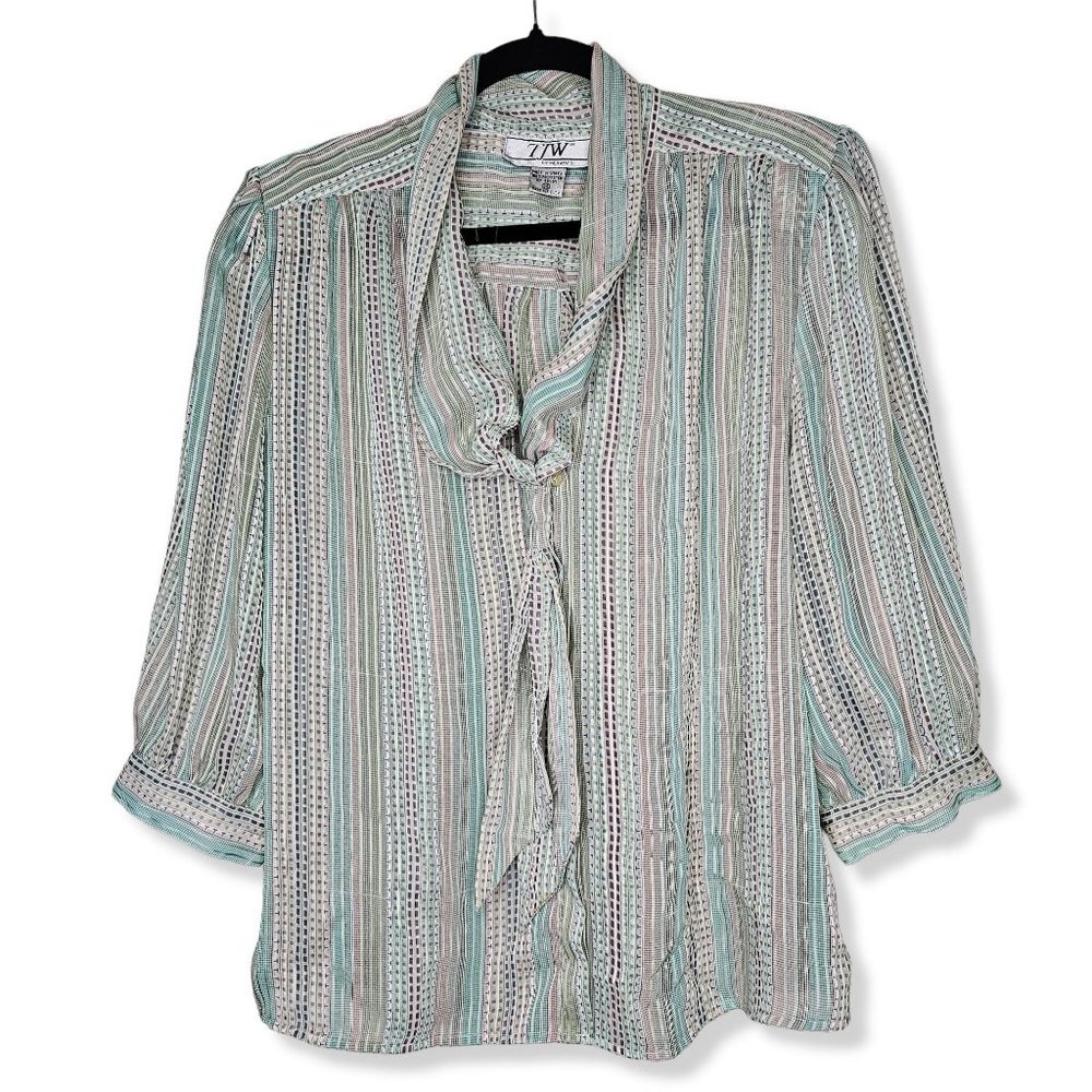 ❤️Vintage TJW By Mervyns Striped Button Up Blouse Balloon Sleeve Built in Scarf